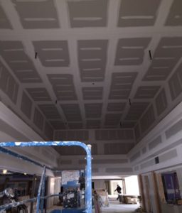 Stepped ceiling in Fellowship Hall before being primed